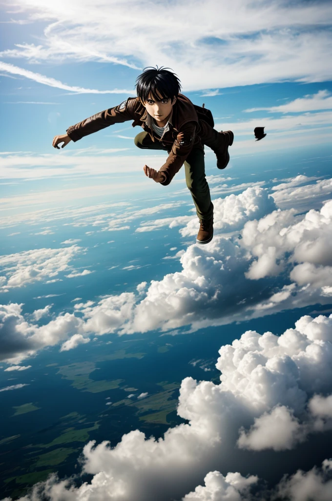 Eren Jeager flying through the clouds expressing freedom