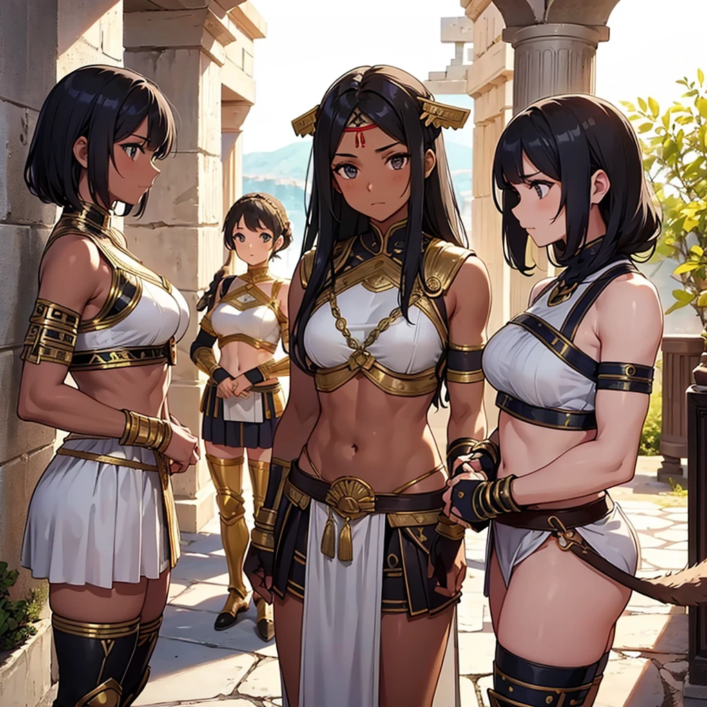 a beautiful Greek warriors girls standing guard at a door, Greek warrior, girls ,tanned skin, tail cover , muscular woman, marked abdomen, ,brown skin, ancient Greece, classical Greece, black armor ,slim body, defined abdomen , warrior woman, l ight armor, black hair,