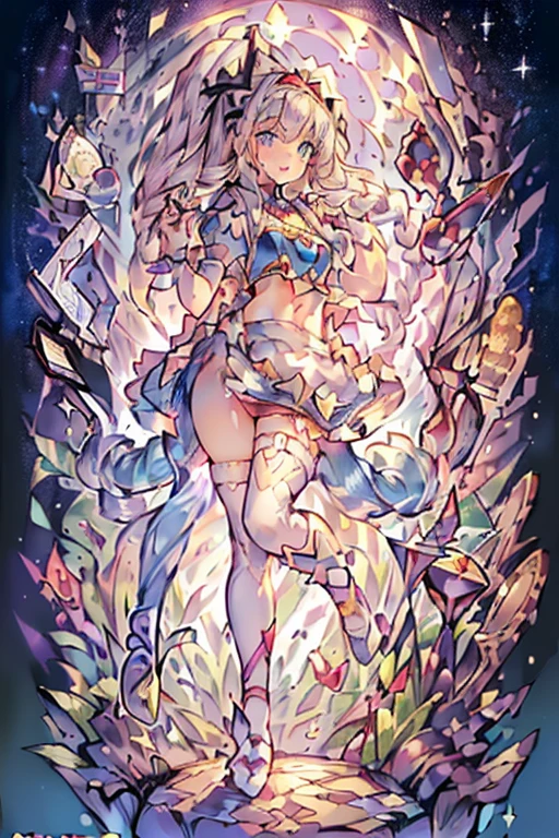 (perky chest:1.2), (pointed chest:1.2),(((Black Tunic:1.3))),(((cakes and bread in the basket),Cute and beautiful girl,Cute round face,Cute smile,with blush cheeks,Red Lip,a girl s old, nsfw:1.2, beautiful body:1.3), shinny skin, BREAK, ((alice in the wonderland:1.3, cute, kawaii, lovely, funny, a girl falling down from sky:1.3, girl flying in sky:1.4, girl floating in air:1.5, rolling upskirt by wind:1.6, (with sparkling eyes and a contagious smile),open mouth, Looking at Viewer, surprised, putting hands on crotch over the skirts:1.6)), BREAK, ((floating things as follows:1.3, PlayingCards, Trump, tea cup, tea pot, tea spoons, pocket watch:1.3, lip sticks, candies:1.2, cookies, jam bottles, classical door_keys)), ((long purply_Blue dress :1.5, wearing long flaired skirt:1.3, the skirt is blowing:1.3, cute pink Apron, black stocking:1.2,garter stocking, cleavage:1.2, midriff, black shorts, black thighhighs, thigh strap, medium long platinum-blonde hair:1.2, twin tail hair:1.6, tied hair with a large ribbon), (Blue eyes, bright pupils with highlights, detailed eyes), (lying down on your back:0.7, spreading legs with rising up straight:0.7), sexy posture, fantastic colorful art, (fantasy art:1.2, wondered images:1.2), ((correct anatomy:1.5, perfect anatomy:1.3, correct hand, small foot:1.2)),