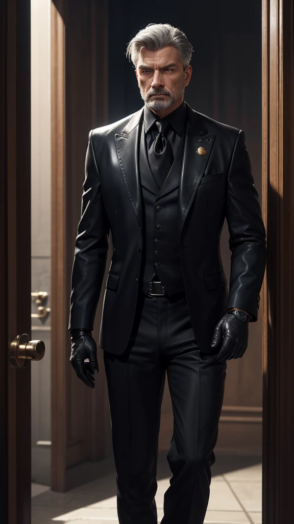 create a realistic image a middle-aged man, with short gray hair, combed back with stiffness, with piercing gaze, with icy blue eyes. He wears a flawless black suit, with wide lapels and a golden eagle brooch on the chest. His face is marked by a scar that cuts across his right cheek., Resembling a sharp blade. He wears black leather gloves, always keep your hands covered. On your little finger, a silver ring, subtly hidden under the fabric of the gloves. With heavy, polished boots, with leather soles and black laces, tied with military precision. In your pocket, he carries a red silk scarf, always evaluating others with suspicion, 8K, unreal engine, cinematic lighting
