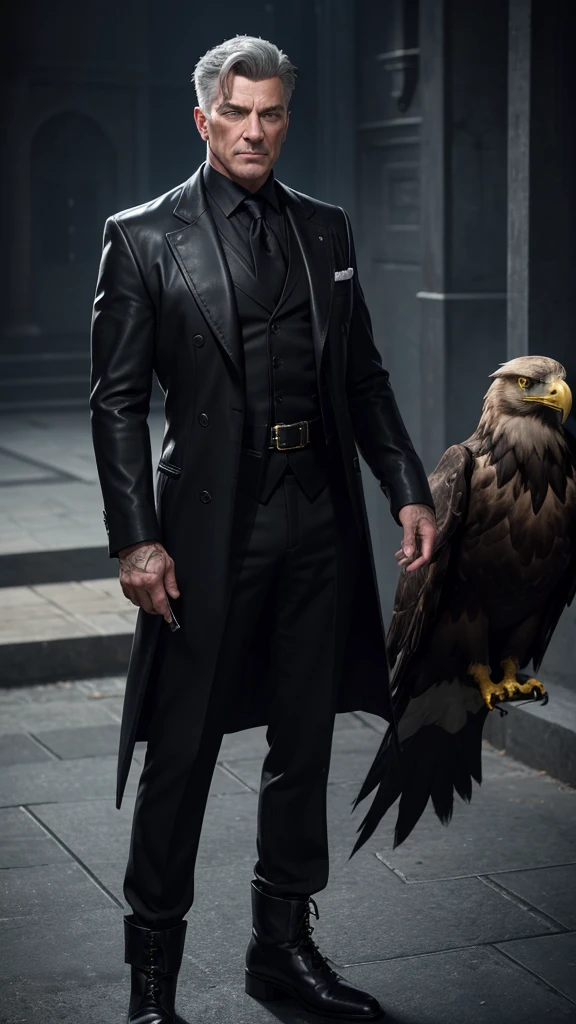 create a realistic image a middle-aged man, with short gray hair, combed back with stiffness, with piercing gaze, with icy blue eyes. He wears a flawless black suit, with wide lapels and a golden eagle brooch on the chest. His face is marked by a scar that cuts across his right cheek., Resembling a sharp blade. He wears black leather gloves, always keep your hands covered. On your little finger, a silver ring, subtly hidden under the fabric of the gloves. With heavy, polished boots, with leather soles and black laces, tied with military precision. In your pocket, he carries a red silk scarf, always evaluating others with suspicion, 8K, unreal engine, cinematic lighting