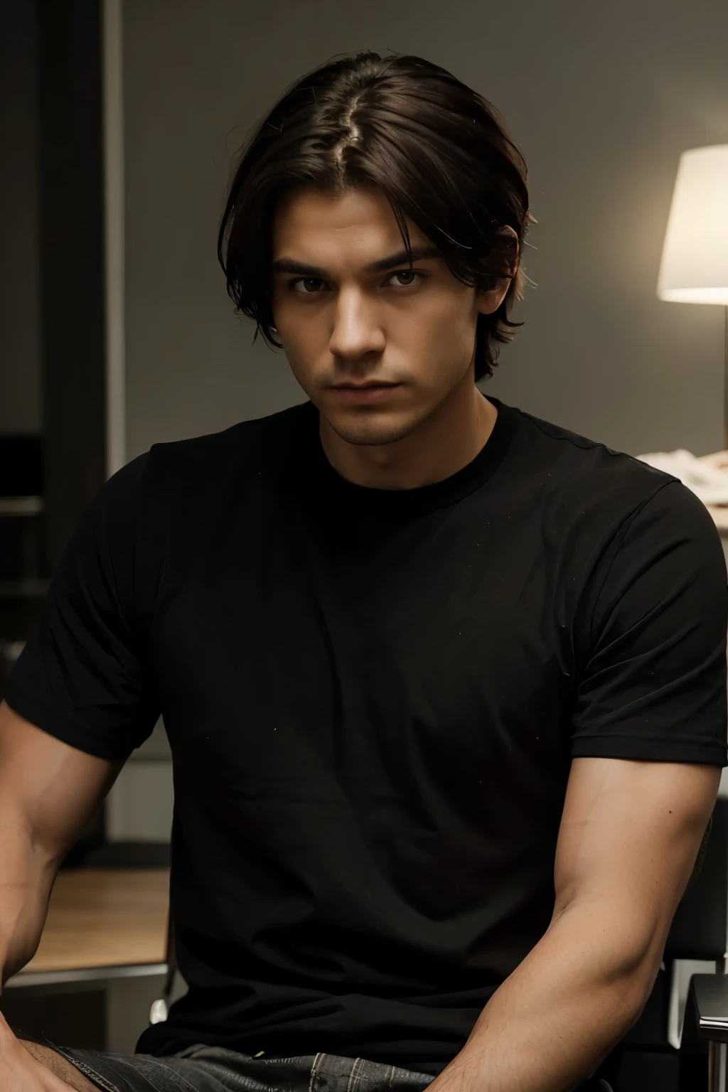 Man sitting in a chair, His hair color is black, the one in his eyes too, his face is outlined, short hair , dominant and serious look. A little muscular and serious