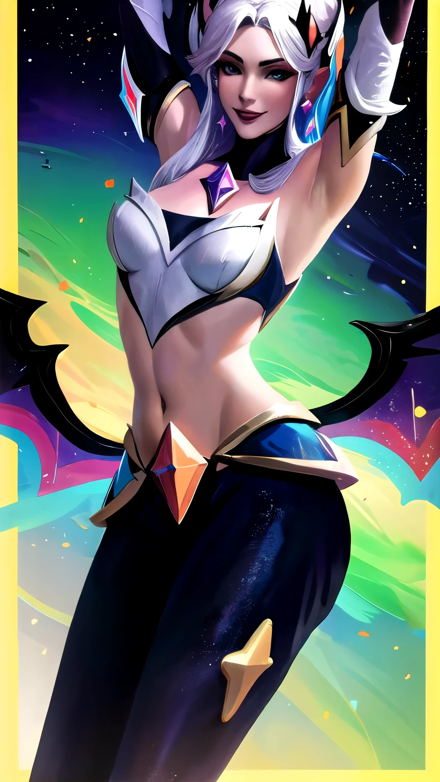 star_guardian_Morgana, solo, smile, crop top, (masterpiece, best quality, absurdres, detailed, ultra-detailed:1.3)