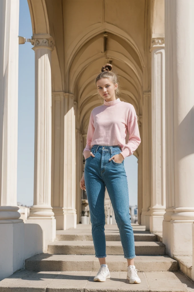 her name is An, high quality, 1girl, ((20-year-old fit Caucasian woman)), ((20 years old)), ((fit)), ((hair in a bun)), pose: standing, wearing unique pastel colored unique gen Z modern wear, BACKGROUND:"Your home is a classic Victorian townhouse, with colorful, ornate facades and views of the Golden Gate Bridge.