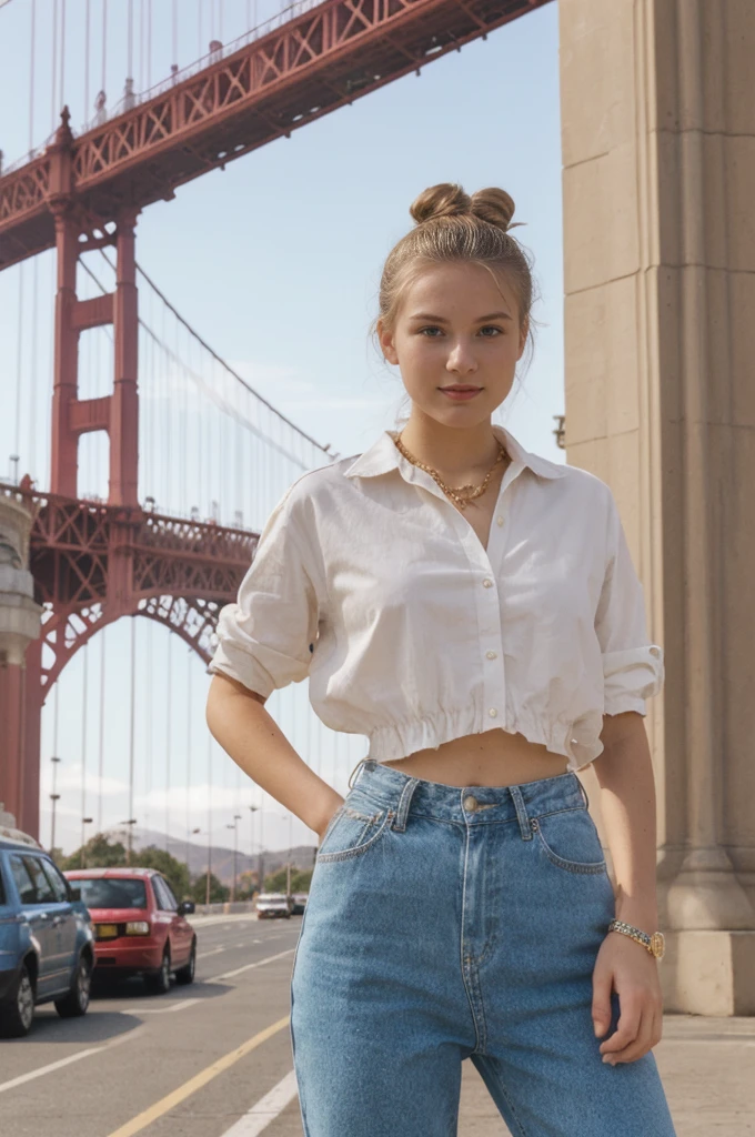 her name is An, high quality, 1girl, ((20-year-old fit Caucasian woman)), ((20 years old)), ((fit)), ((hair in a bun)), pose: standing, wearing unique pastel colored unique gen Z modern wear, BACKGROUND:"Your home is a classic Victorian townhouse, with colorful, ornate facades and views of the Golden Gate Bridge.