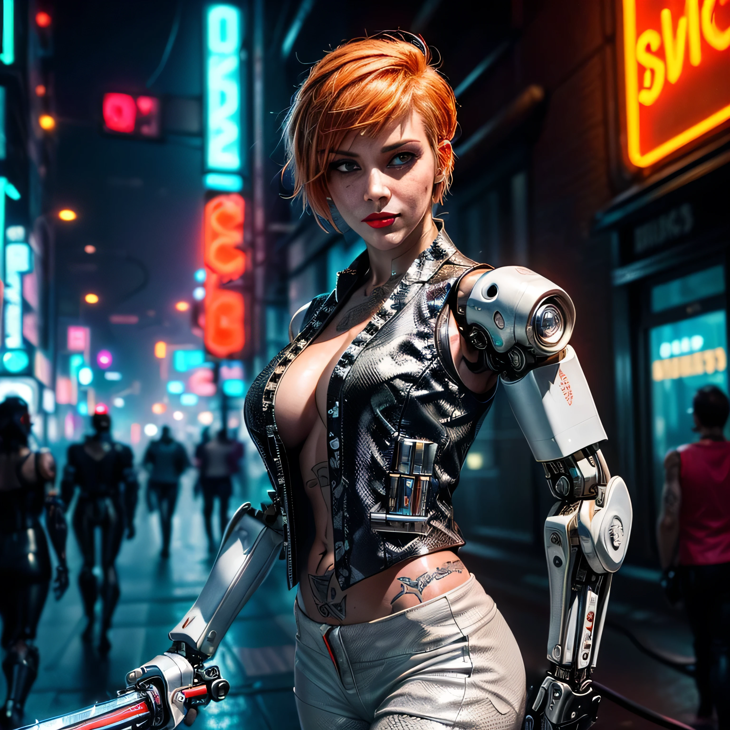 (masterpiece, photorealistic:1.4, extremely intricate:1.3), (photon mapping, radiosity, physically based rendering, ultra resolution, hyper-realistic, 8K), (((((mature female, [bodybuilder:supermodel:0.8], [large breasts:medium breasts:0.3], chrome rivets, ((white snakeskin leather vest, upper torso, humid, playful, mechanical cyborg arm, weapon), topless)), smirking, tattoo:1.4, 30 years old, elegant:1.2)), hands in white leather pants pockets, long eyelashes, ((makeup:1.2, red lips)), [skin detail:freckles:0.7]), (((((background futuristic neon cyberpunk city street cyberpunk))))) professional photograph, (((short pixie hair [blonde hair:bright orange hair:0.8])))), BREAK ((sharp focus, dramatic, award winning, cinematic), bokeh, blurry background, interaction, metal reflections), bright eyes