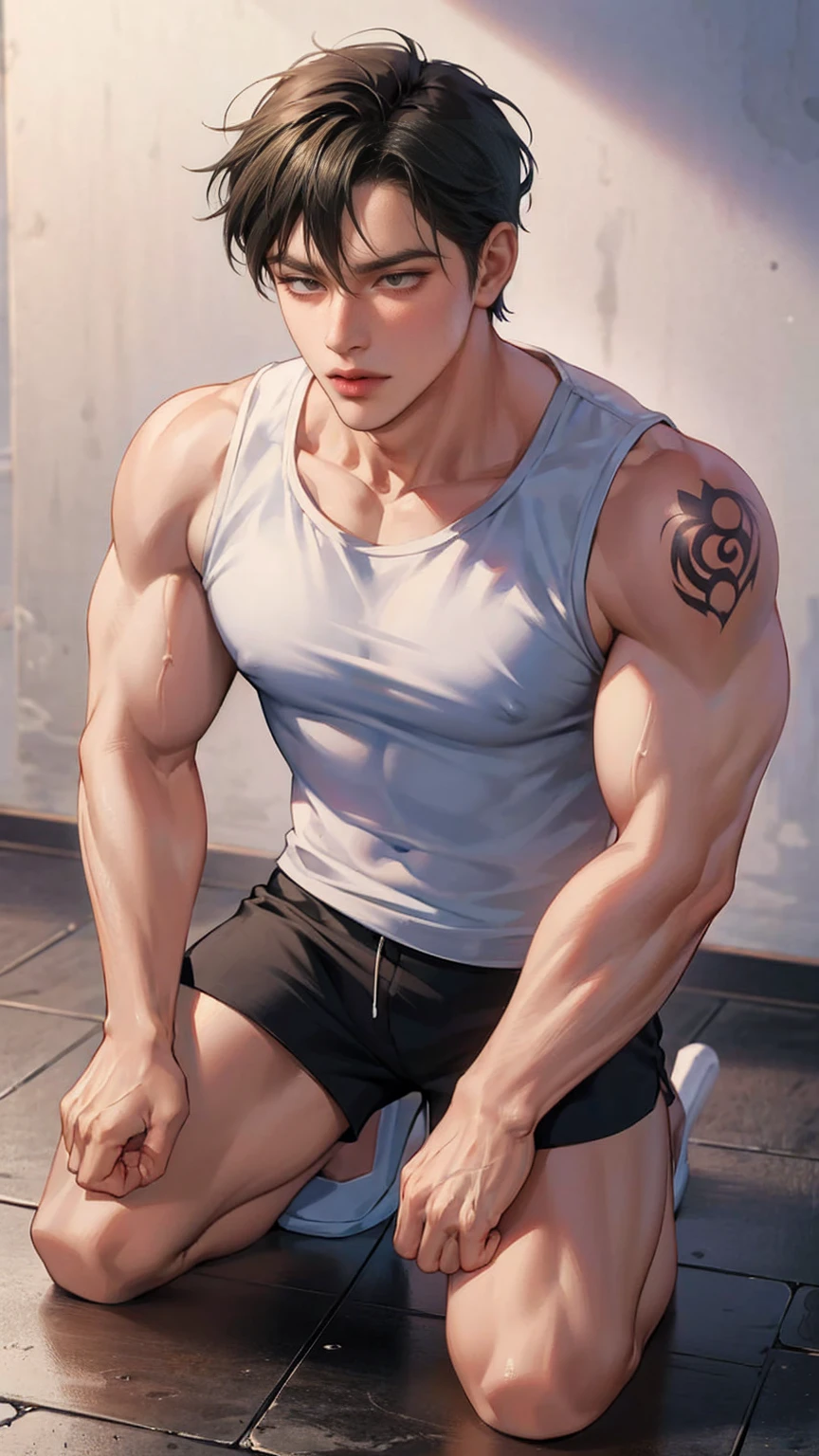 (8K, best quality, masterpiece:1.2),(best quality:1.0), (Ultra-high resolution:1.0),(Delicate facial features:1.0),cartoon, A muscular man, Tattoo,shorts,Sleeveless shirt,slippers,Kneeling on the ground,Sweating,Soaked,Malu,Full body portrait,