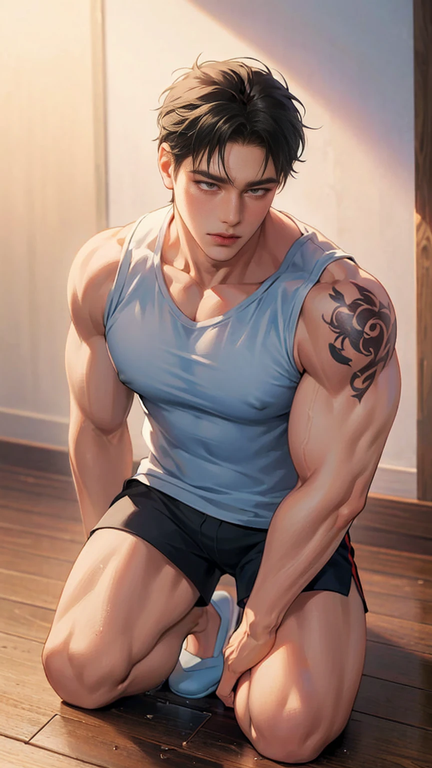 (8K, best quality, masterpiece:1.2),(best quality:1.0), (Ultra-high resolution:1.0),(Delicate facial features:1.0),cartoon, A muscular man, Tattoo,shorts,Sleeveless shirt,slippers,Kneeling on the ground,Sweating,Soaked,Malu,Full body portrait,