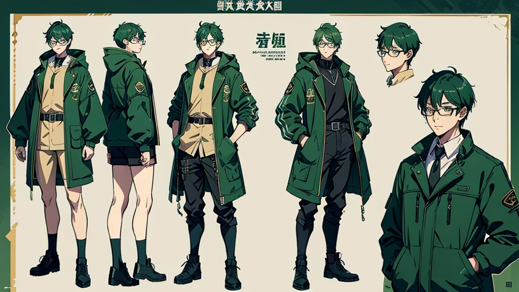 Character design sheet、One Man、Green Hair、Short Hair、Glasses、Tactical Jacket、, Conceptual art, best quality, highres, 8k, UHD
