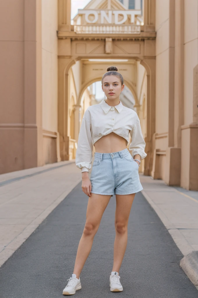 her name is An, high quality, 1girl, ((20-year-old fit Caucasian woman)), ((20 years old)), ((fit)), ((hair in a bun)), pose: standing, wearing unique pastel colored unique gen Z modern wear, BACKGROUND:"Your home is a classic Victorian townhouse, with colorful, ornate facades and views of the Golden Gate Bridge.