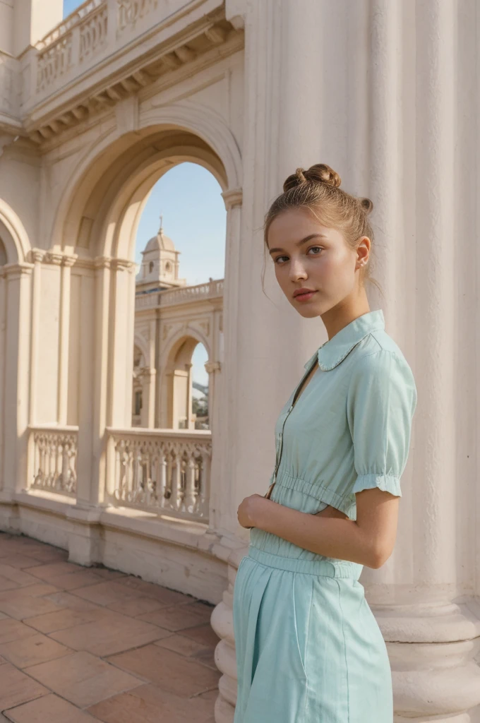 her name is An, high quality, 1girl, ((20-year-old fit Caucasian woman)), ((20 years old)), ((fit)), ((hair in a bun)), pose: standing, wearing unique pastel colored unique gen Z modern wear, BACKGROUND:"Your home is a classic Victorian townhouse, with colorful, ornate facades and views of the Golden Gate Bridge.