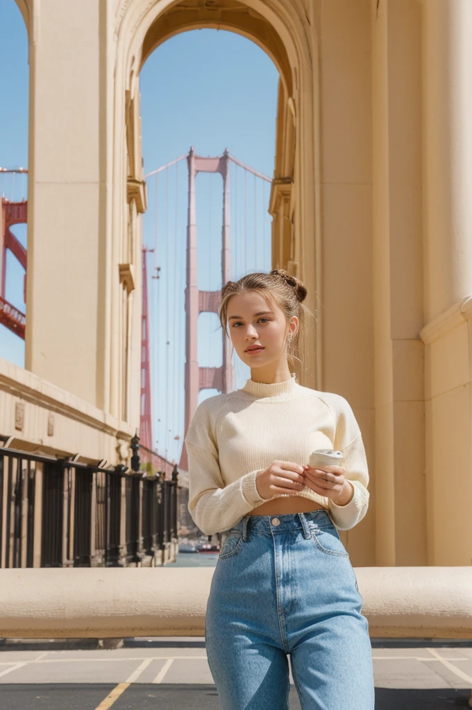 her name is An, high quality, 1girl, ((20-year-old fit Caucasian woman)), ((20 years old)), ((fit)), ((hair in a bun)), pose: standing, wearing unique pastel colored unique gen Z modern wear, BACKGROUND:"Your home is a classic Victorian townhouse, with colorful, ornate facades and views of the Golden Gate Bridge.