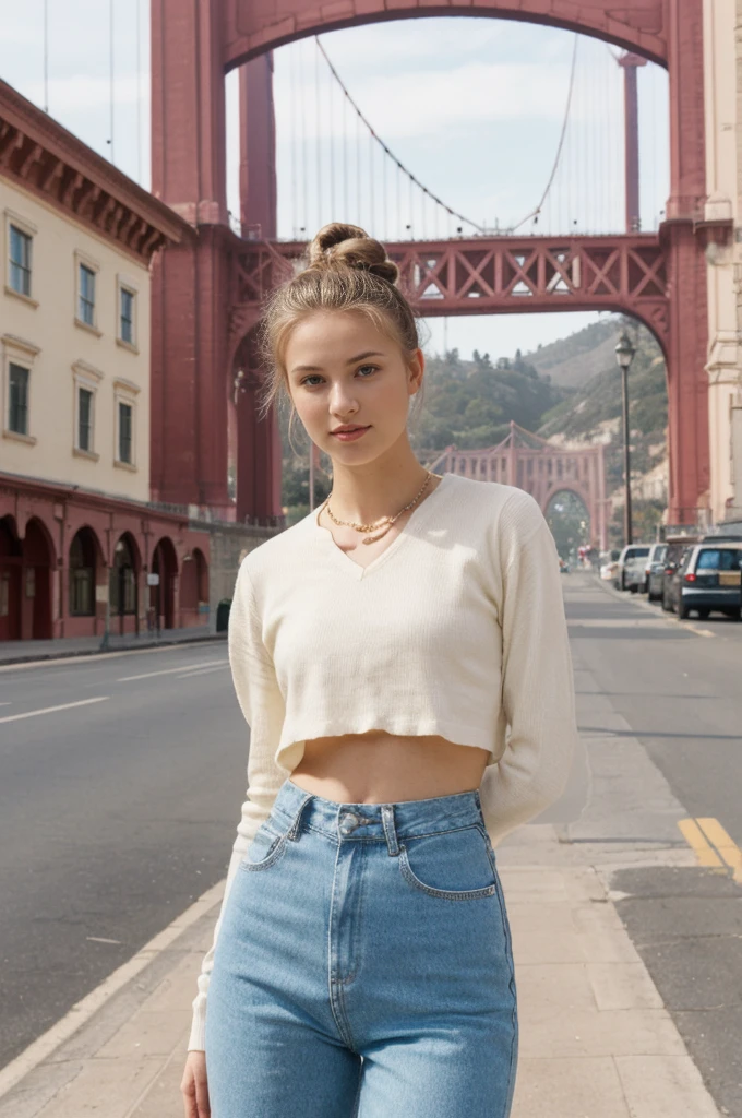 her name is An, high quality, 1girl, ((20-year-old fit Caucasian woman)), ((20 years old)), ((fit)), ((hair in a bun)), pose: standing, wearing unique pastel colored unique gen Z modern wear, BACKGROUND:"Your home is a classic Victorian townhouse, with colorful, ornate facades and views of the Golden Gate Bridge.