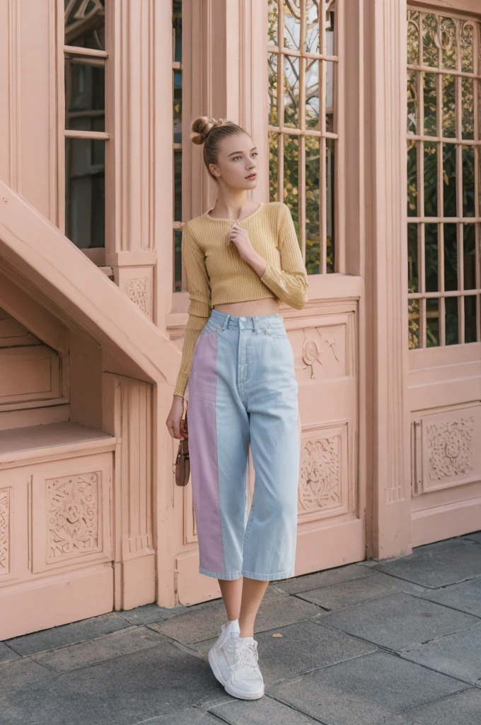 her name is An, high quality, 1girl, ((20-year-old fit Caucasian woman)), ((20 years old)), ((fit)), ((hair in a bun)), pose: standing, wearing unique pastel colored unique gen Z modern wear, BACKGROUND:"Your home is a classic Victorian townhouse, with colorful, ornate facades and views of the Golden Gate Bridge.