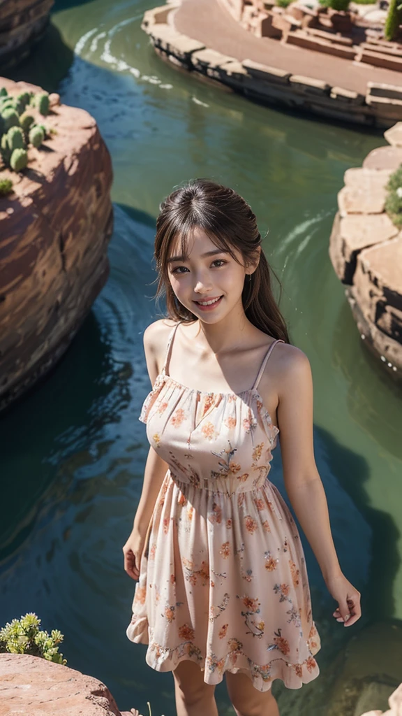 Master piece, CG Unity 8k walpaper, ((Realistic: 1.2))Ray Tracing, k, Beautiful 16 years girl, Korean realistic girl, Ultra Realistic, ultra HD, ((peach colour Sundress dress)), (floral Dress)), ((Grand Canyon River)), Standing beside River, River has Floting water, Canyon Mountains, Beautiful smile, ((smile: 1.2)), cactus,