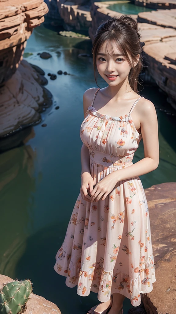 Master piece, CG Unity 8k walpaper, ((Realistic: 1.2))Ray Tracing, k, Beautiful  girl, Korean realistic girl, Ultra Realistic, ultra HD, ((peach colour Sundress dress)), (floral Dress)), ((Grand Canyon River)), Standing beside River, River has Floting water, Canyon Mountains, Beautiful smile, ((smile: 1.2)), cactus, 