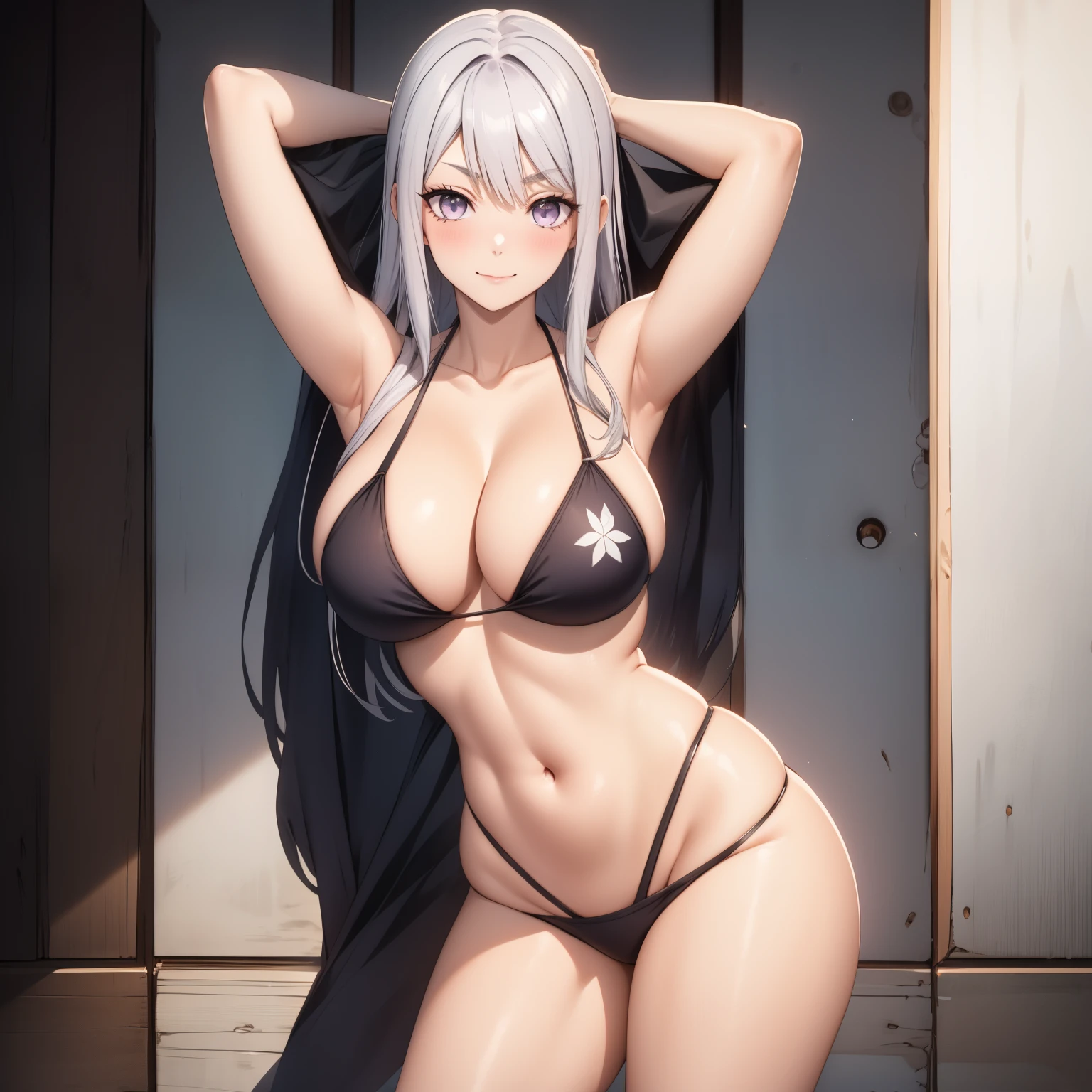 S'yne Lokk , 25 year old woman, short silver hair. silver eyes, shy smile, big breasts, a violet ribbon on her head, big breasts, Bikini, background a beach. 1 sola mujer, mujer sola. de pie, manos detrás de la cabeza. manos detrás de la cabeza.