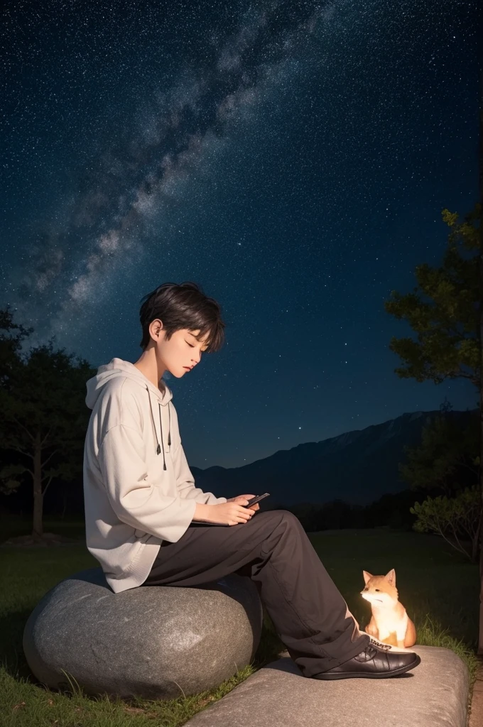 boy, Sitting on a stone, アニメ, watching the starry sky your fox on your lap sleeping.