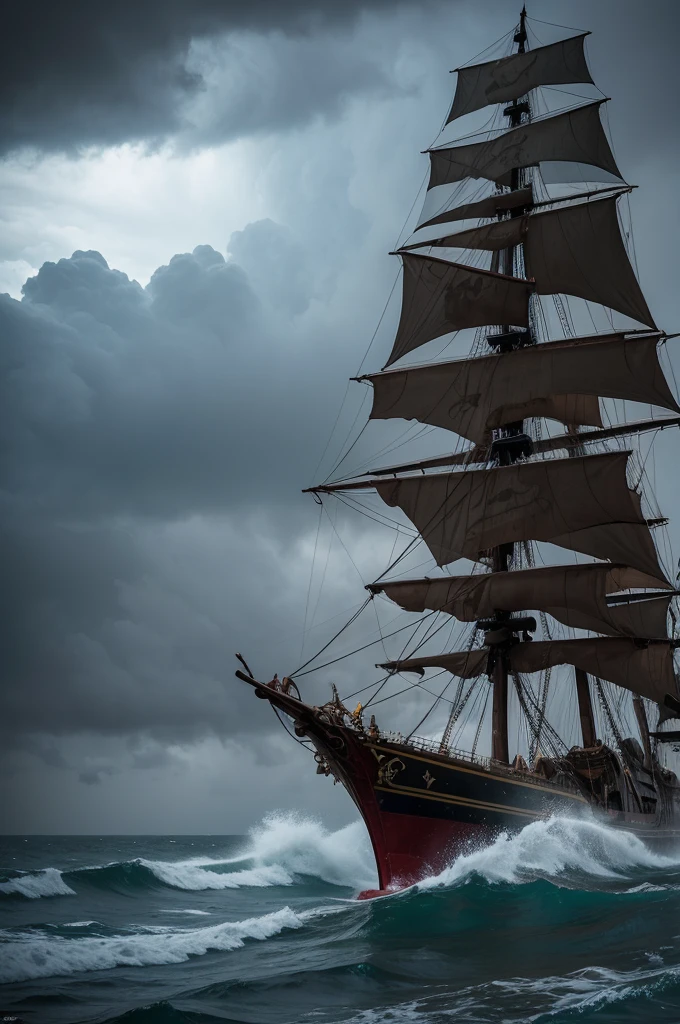 Pirate Galleon, Intense and insane storm in the seas in the background, Protruding and Complete Image of Galeão, Dark Woods, Crimson Skull Mast