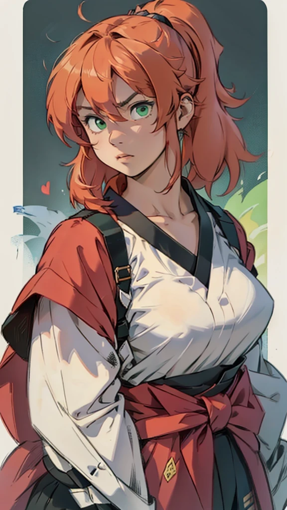 High detailed, 1 japanese girl, solo, peach colored hair, side ponytail, green eyes, big busty, chunky, serious expression, expressive eyes, finger-gloves