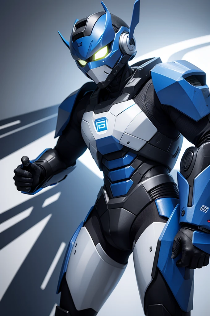 Blue Robot with green details with an Ump Shooting 