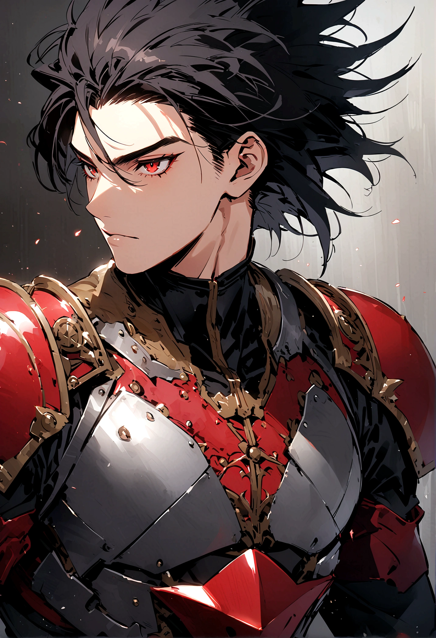 masculine man, high , muscular , armadura negra de metal sin casco, short black hair combed back and Red eyes ,25 years old