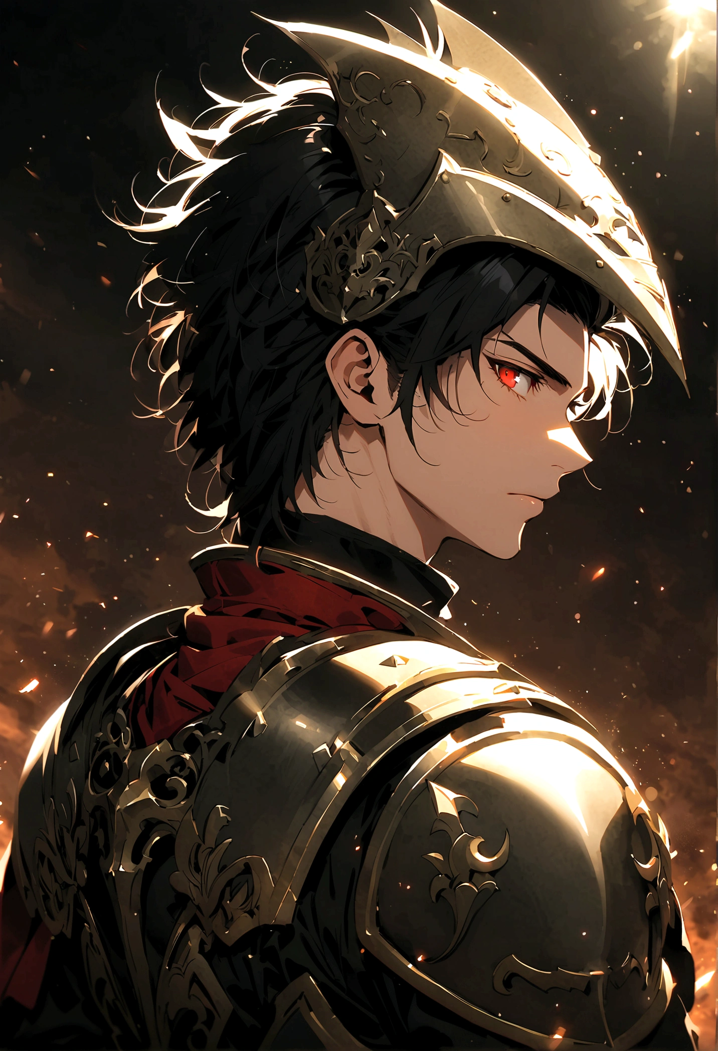 masculine man, high , muscular , armadura negra de metal sin casco, short black hair combed back and Red eyes ,25 years old