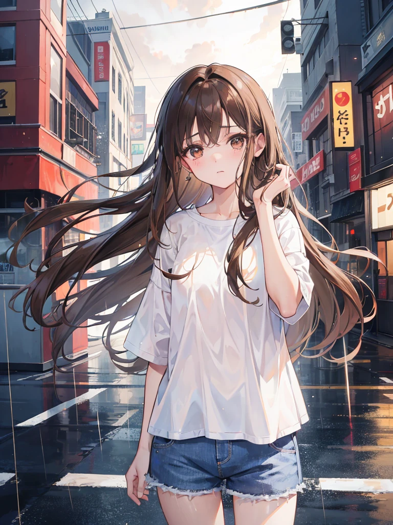 1girl, long brown hair, brown eyes, wearing plain white shirt, denim shorts, rain, city, crying, absurdres, high res, ultrasharp, 8K, masterpiece, looking at viewer