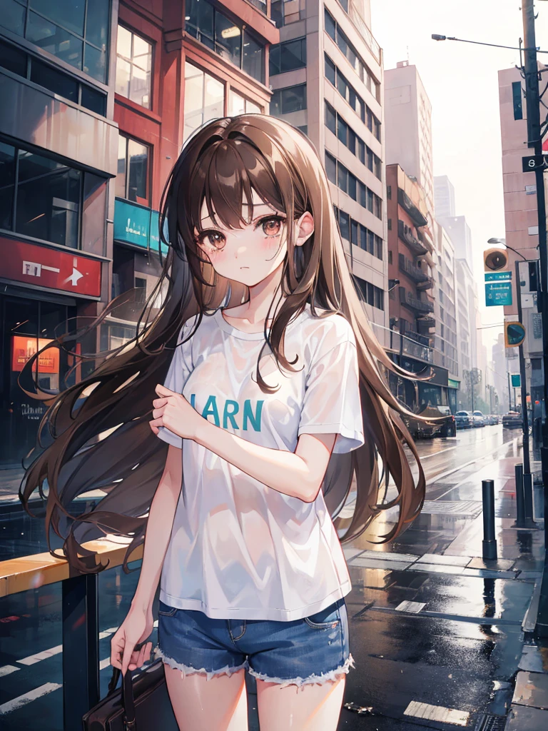 1girl, long brown hair, brown eyes, wearing plain white shirt, denim shorts, rain, city, crying, absurdres, high res, ultrasharp, 8K, masterpiece, looking at viewer