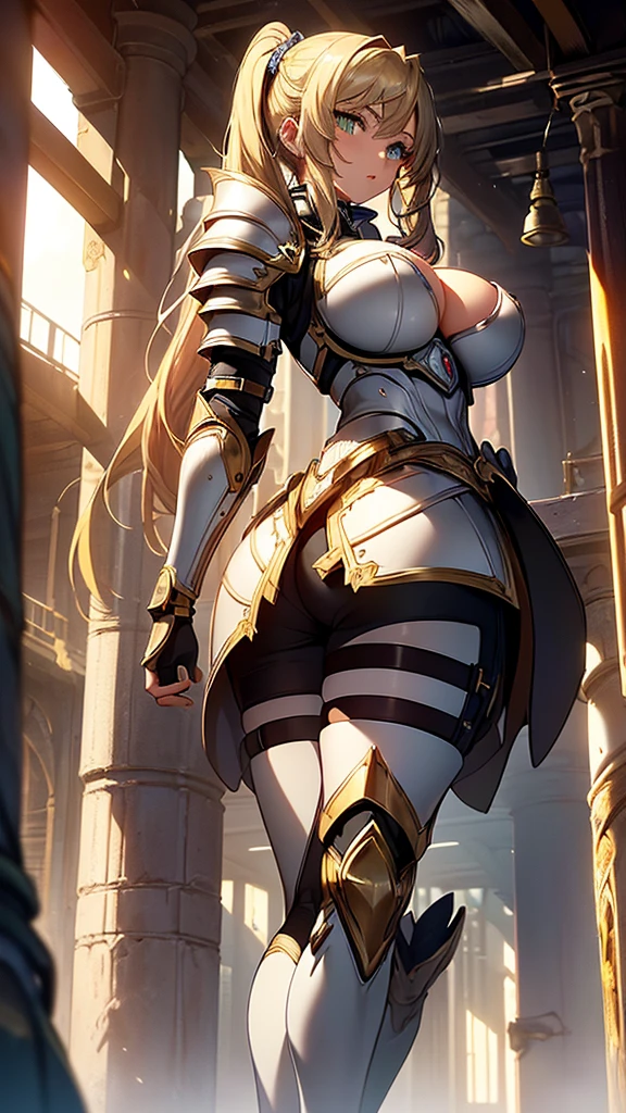 ((masterpiece)), ((high quality)), ((super detailed)), ((high resolution)) ,((8k)), a beautiful woman, ((She is one of the most famous female Thief)), unparalleled beauty, ((huge breast)), ((large ass)), ((deep cleavage)), slim waist, chest out, ultra detailed face, perfect skin, (((Blonde hair in a side ponytail))), Green eyes,  detailed eyes, whole body image, (((anime))), ((glamorous)), 21 years old, ((incredibly beautiful woman)), ((The G cup bust)),  ((((Light Armor, Light clothing)))),  ((beautiful breasts)), beautiful legs, 8 life size, anime, the most beautiful, ((charm)), ((Grown-up face)), ((Perfect fingers)), ((Bewitching)), ((A young heroine)), ((((from below)))), ((Inside the dungeon, Adventurer)),