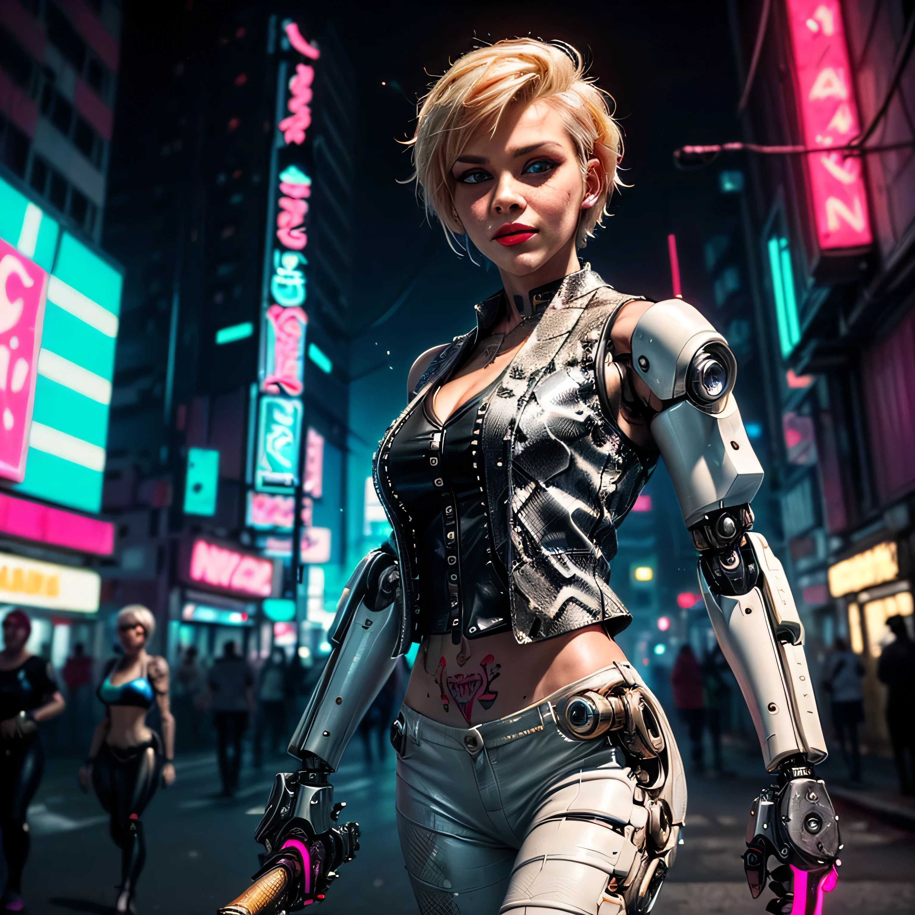 (masterpiece, photorealistic:1.4, extremely intricate:1.3), (photon mapping, radiosity, physically based rendering, ultra resolution, hyper-realistic, 8K), (((((mature female, [bodybuilder:supermodel:0.8], [large breasts:medium breasts:0.3], chrome rivets, ((white snakeskin leather vest, upper torso, humid, playful, mechanical cyborg arm, weapon), topless)), smirking, tattoo:1.4, 30 years old, elegant:1.2)), hands in white leather pants pockets, long eyelashes, ((makeup:1.2, red lips)), [skin detail:freckles:0.7]), (((((background futuristic neon cyberpunk city street cyberpunk))))) professional photograph, (((short pixie hair [blonde hair:bright orange hair:0.8])))), BREAK ((sharp focus, dramatic, award winning, cinematic), bokeh, blurry background, interaction, metal reflections), bright eyes