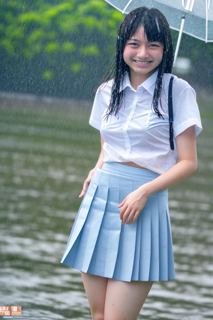 Highest quality, masterpiece, Ultra-high resolution, Japanese , high school, ,small breasts, under a wet transparent white shirt, skirt , conversation, smile, beach, hard rain, wet transparent light blue short skirt lift