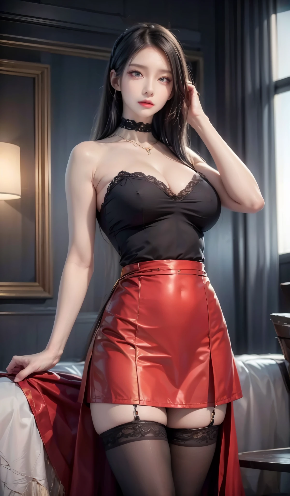 realistic, 1 women, best quality, 12k, HD, long hair, big round breasts, cleavage, ponytail, necklace, jewelry, shorts, short jacket, slim hips, hair tie, yellow eyes, black hair, super detailed, Eye details, hair details, person details, mouth details, face details, breast details, clothes details, hair details, pants details, hand details, whole body