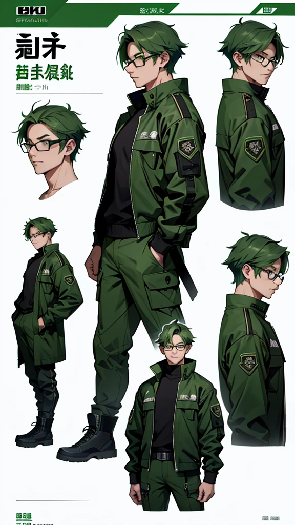 Character design sheet、One Man、Green Hair、Short Hair、Glasses、Tactical Jacket、, Conceptual art, best quality, highres, 8k, UHD