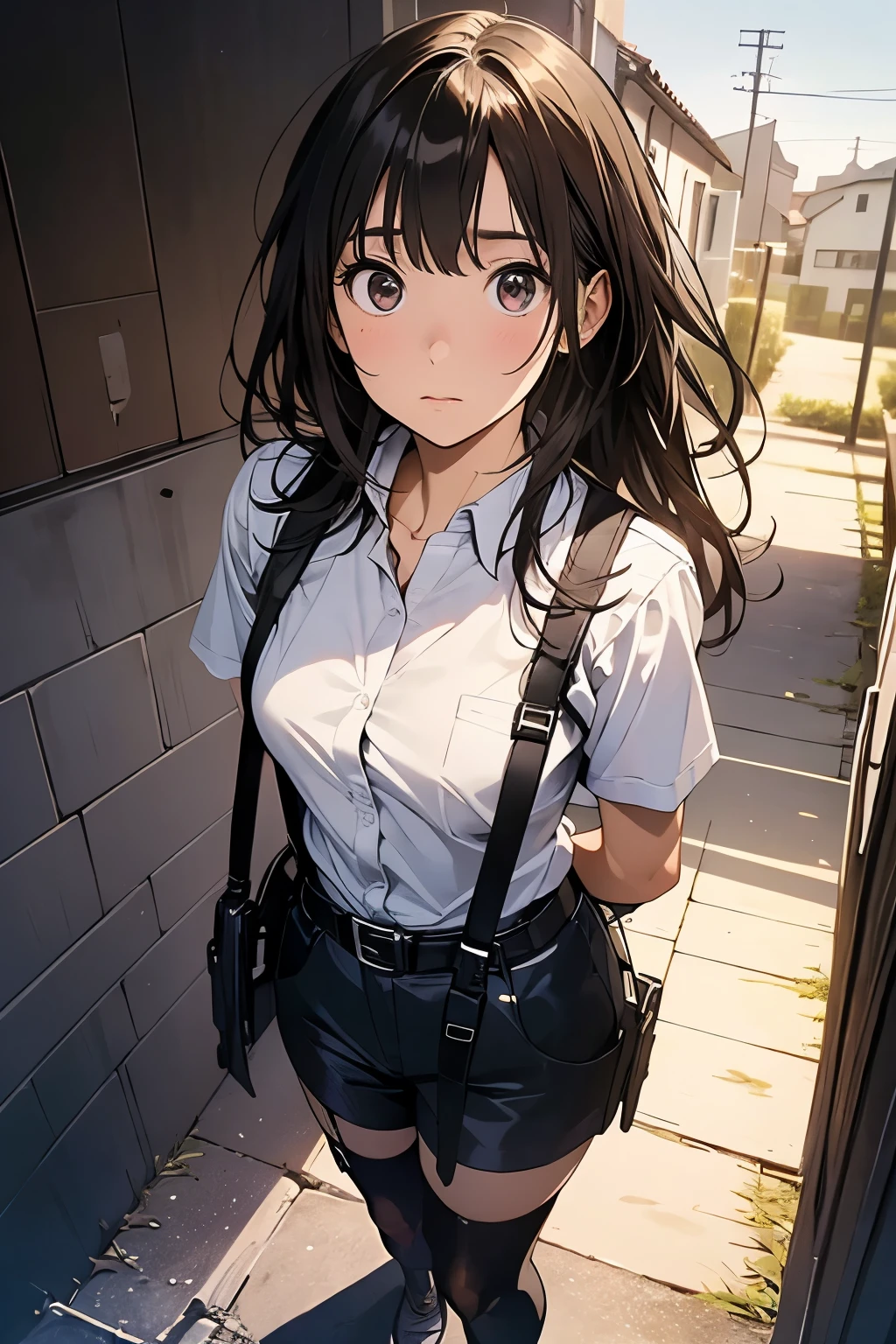 high quality, masterpiece, Ultra-high resolution, (realism: 1.4), Oil painting style, Cinema Lighting, An endless grassland dotted with a few houses, I stood on the empty asphalt road and looked at it., Fairy Mountain々was shrouded in mist, And the suspenders with the cranes flying Moderate breasts Small face holster Lying in bed Looking up Sweat belt summer 脇Sweat Black Hole Gloves suit shirt Black jacket Black trousers Leg Links ズボンにbelt holster Hands behind your back Anxious expression Looking up Anxious face