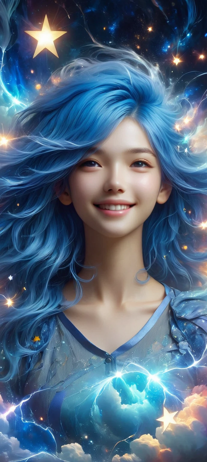 masterpiece, best quality, Aesthetic, fantasy, illusion, 1 Girl, cute女孩的照片, detailed face, Relaxed smile, charming, 不symmetry头发, Swaying hair, Electric blue hair, glow, cloud, color斑斓的天空, Star, shattered, Space style, Vortex Magic Style, Silva Magic Style, legendary, outstanding, Beautifully, elegant, luxury, Creative, beautiful classic contemporary detailed cinematic composition, Expressive and dynamic dramatic atmosphere, Spectacular lighting, symmetry, detailed, 丰富的color, Environmental background, Inspiring, cute、magnificent、Clarity、Wonderful、Surreal、Perfect、complex、color, Astonishing, epic, huge, imposing, amazing, strange, fascinating, huge