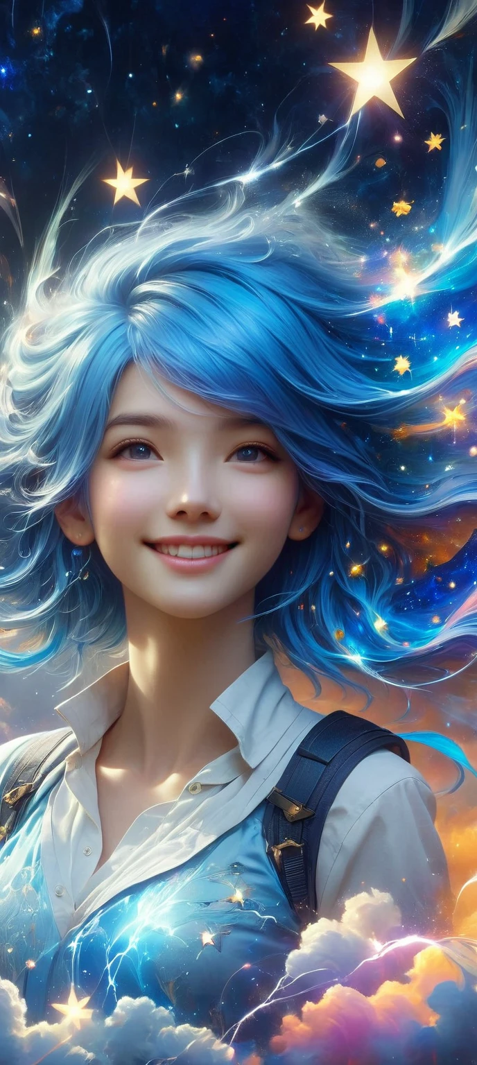 masterpiece, best quality, Aesthetic, fantasy, illusion, 1 Girl, cute女孩的照片, detailed face, Relaxed smile, charming, 不symmetry头发, Swaying hair, Electric blue hair, glow, cloud, color斑斓的天空, Star, shattered, Space style, Vortex Magic Style, Silva Magic Style, legendary, outstanding, Beautifully, elegant, luxury, Creative, beautiful classic contemporary detailed cinematic composition, Expressive and dynamic dramatic atmosphere, Spectacular lighting, symmetry, detailed, 丰富的color, Environmental background, Inspiring, cute、magnificent、Clarity、Wonderful、Surreal、Perfect、complex、color, Astonishing, epic, huge, imposing, amazing, strange, fascinating, huge