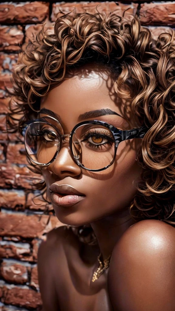 dynamic close-up of the upper part of 1 Black woman, 28 years old, extremely slim and beautiful, perfect body, (well-shaped and delicate face with (piercing gaze)), black skin with highly detailed depth, she is leaning against a brick wall, (long hair, slightly messy and shiny wavy brown hair, hair over the eyes), (detailed, large, bright eyes, light brown eyes, curled eyelashes, large glasses), (sensual pouting with mouth), wearing a short sweater showing shoulders, (she is shining with sweat), ultra realistic image, Perfect Symmetry, vibrant and sharp, dynamic vision, high quality, hyper-realistic and cinematic 32k.