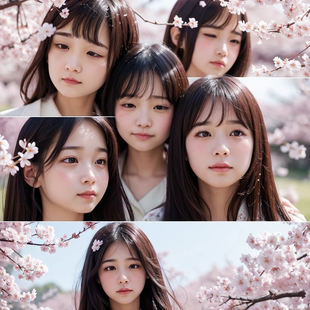 Three cute beauties with sad expressions surrounded by falling cherry blossoms. Close-up shots and soft lighting capture their tearful and emotional expressions, making for a touching and tender scene. The background is filled with delicate falling cherry blossoms.