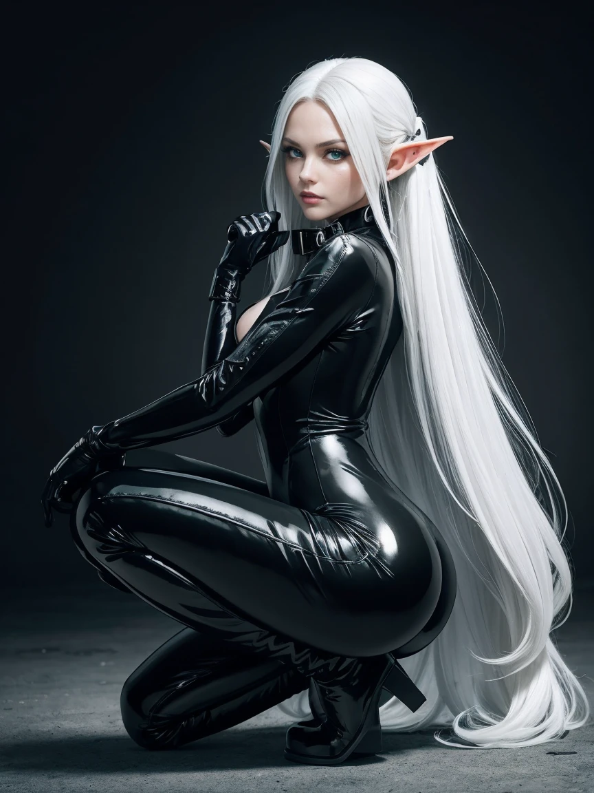 solo, super fine photo, portrait Unreal Engine 5 8K UHD of malicious gothic beautiful girl, sexy, elf, long White hair, Green eyes, crouching in a skin tight black latex outfit, sensual pose, slick black catsuit, black iconic character, smooth black skin, black body, PVC, some black, futuristic glossy latex suit, rubber suit, collar, rubber glove, rubber high boots, arm and leg cuffs, straps, best quality, masterpiece, official art, unified 8k wallpaper, super detailed, sharp focus, dynamic pose, body parts, no extra limbs, precisely anatomy