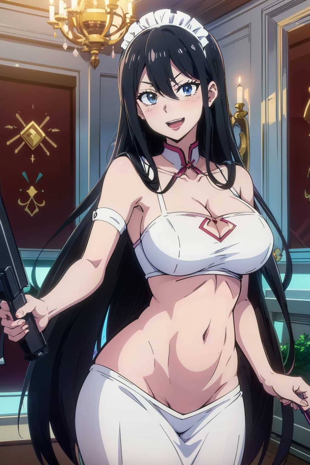 long hair, black hair, dark blue eyes,  evil smile,  blush, lipstick, jewelry, earrings, complex detailed background, casino environment, fancy interior environment, rich
interior, masterpiece, best quality, highly detailed, a anime girls in maid uniforms with a gun posing for a
picture, maid outfit, cleavage, evil smile, smile, open mouth ,ecchi anime style, anime girls, ecchi style,
ecchi, digital anime art!!, in anime style, official artwork, (nsfw) not safe for work, beautiful anime maid
girl, anime style 4 k, micro skirt, exposed belly, exposed navel, exposed midriff, exposed lower belly,
holding a gun