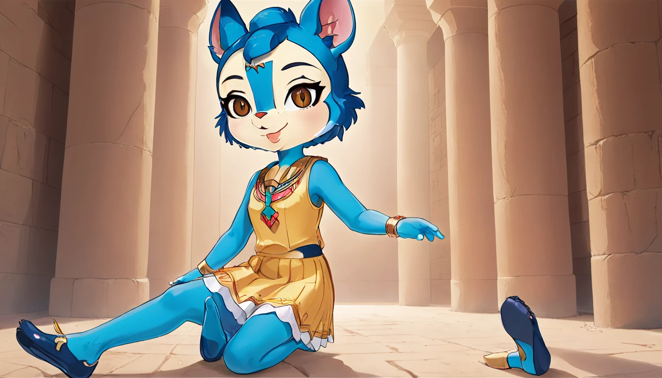 1girl，Artist Name，Egyptian cat，Blue Hair，skin，Keep your mouth shut，Wear，whole body，solo，Standing，猫Tail，Keep your mouth shut，Wear，Looking at the audience,Animal Crossing Furry, Blue Hair, Hair accessories, 黄skin, black eyes, White Dress, Tail, Perfect hands，Perfect legs，Perfect feet，Egyptian Pyramids，mummy，Sunlight，sunny，(masterpiece), ((best quality), Detailed background, masterpiece, best quality, high quality, absurd, The award-winning, professional, Very detailed