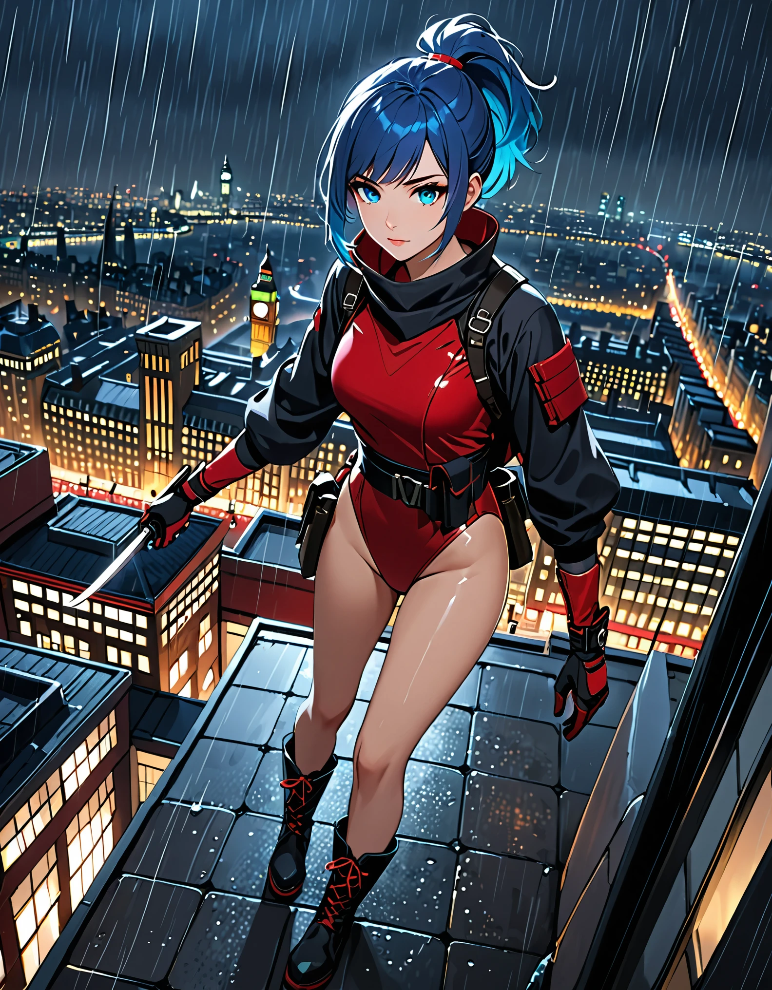 masterpiece, best quality, semi-realistic, solo, solo focus 1girl, blue hair, short hair, ponytail hair, cyan eyes, beautiful detailed eyes, beautiful detailed face, stoic, professional, ninja, red leotard, red tactical gloves, bare legs, matching boots, using sai knives, london cityscape, rooftop, dutch angle, night, rain, running to viewer, noir atmosphere.