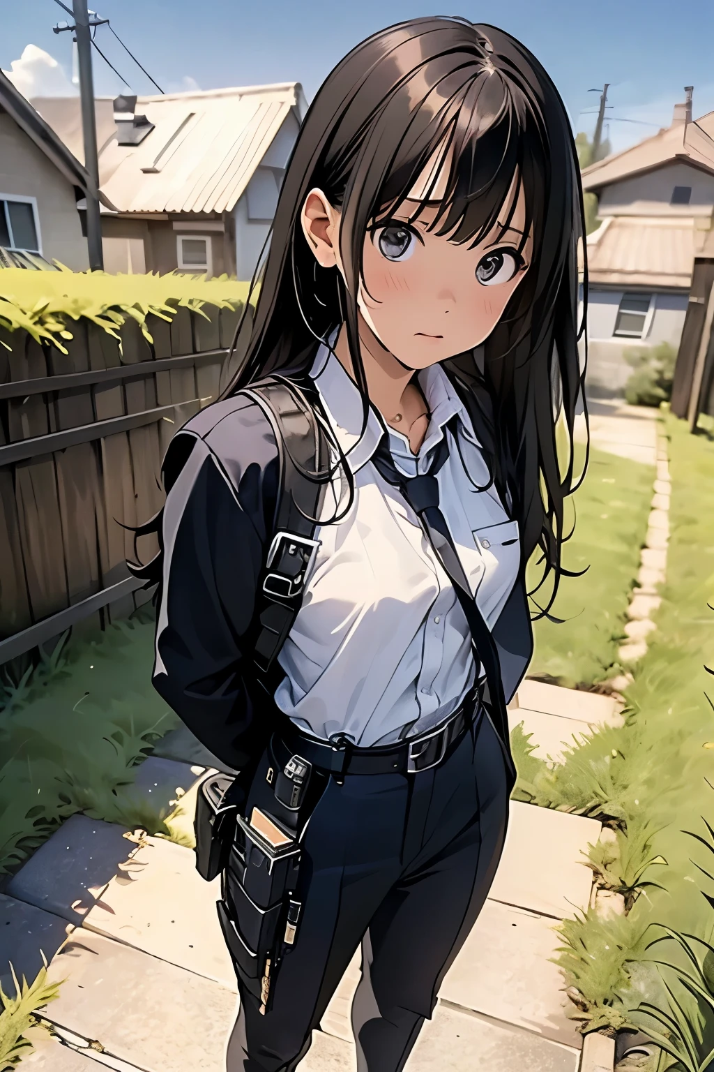 high quality, masterpiece, Ultra-high resolution, (realism: 1.4), Oil painting style, Cinema Lighting, An endless grassland dotted with a few houses, I stood on the empty asphalt road and looked at it., Fairy Mountain々was shrouded in mist, And the suspenders with the cranes flying　　　Moderate breasts　 　 　　　　Small face　 　　　holster　　　　　　　 Lying in bed　Looking up　　　　Sweat 　　　belt　summer　脇Sweat 　Black Hole Gloves　suit　shirt　　Black jacket　 Black trousers　Leg Links　ズボンにbelt　　holster　 　　Hands behind your back　 Anxious expression　Looking up　Anxious face
