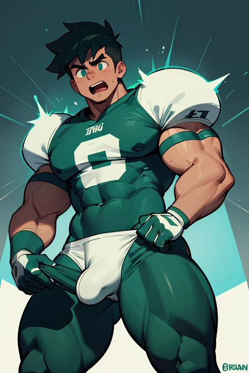 Danny Phantom, ghost, hypnosis, jock, conversion, locker room, hyper muscles, jockstrap, bro, meathead, hypnotized, brainwashed, brainwashing, big dumb jock, football. Danny Fenton is hypnotized by Dash to become another dumb football jock bro. Glowing green eyes. Hyper crotch bulge. Massive bulging crotch. Big balls. Big biceps. Big triceps. Big traps. Broad shoulders. Big meaty pecs. Big thighs. Thick glutes. Football team assimilation. "Me? On the football team? With DASH? Are you crazy?! I would–! I would—! I ... I ... WOULD LOVE TO, BRO. Why didn't you ask me sooner...?" Deep dull voice. glazed expression. dumber and dumber. Open mouth. Clothes turning into a football uniform.