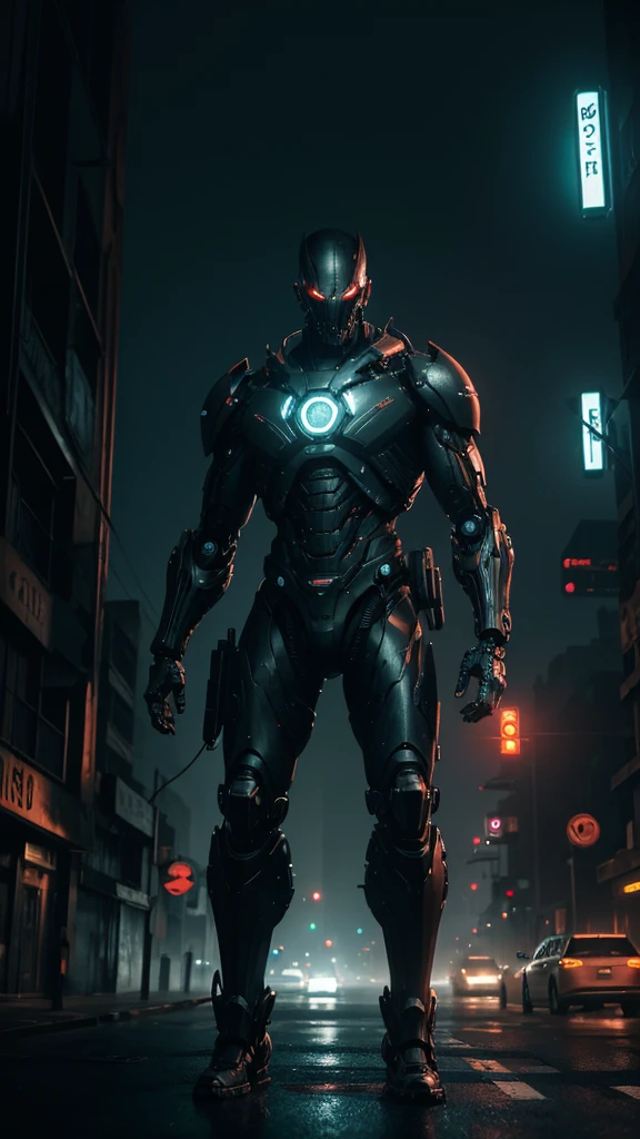 a mutant cyborg creature with mechanical limbs, distorted facial features, and glowing eyes, standing on the side of a busy street in Indonesia at night, a large tree in the background, looking out at the heavy traffic, dark and moody lighting, (best quality,4k,8k,highres,masterpiece:1.2),ultra-detailed,(realistic,photorealistic,photo-realistic:1.37),cinematic lighting,dark moody atmosphere,highly detailed,digital painting,concept art style,horror,sci-fi,dystopian,gritty,grungy,neon lights,dramatic shadows