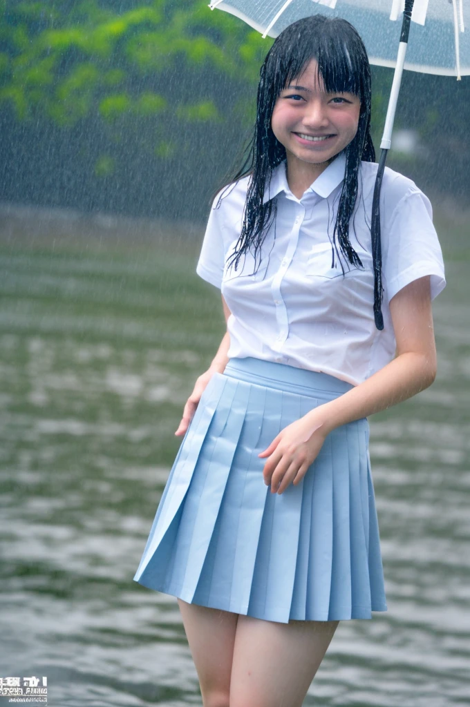 Highest quality, masterpiece, Ultra-high resolution, Japanese , high school,16 years old ,small breasts, under a wet transparent white shirt, skirt , conversation, smile, beach, hard rain, wet transparent light blue short skirt lift, don't have an umbrella