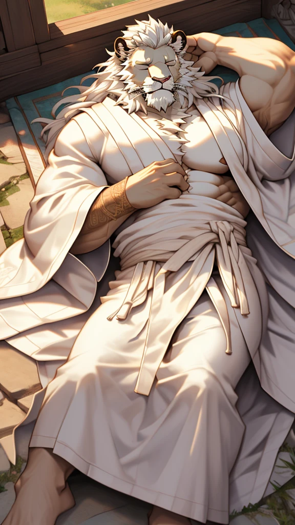 (masterpiece),(highres),(intricate details:1.4),extremely detailed,(illustration:1.2),8k,photorealistic,exquisite,(two persons), (Bold perspective),aged,elder male lion ,muscular, (Ancient Greek mythological style;1.8)(white robe:1.6),manhood,safeguard,(white hair:1.3),long hair,long white beard,scar,(badly damaged),(sacrifice),hurt,broken body ,(lying on the ground),(sleeping:1.6),bulging crotch:1.8),(homosexual)