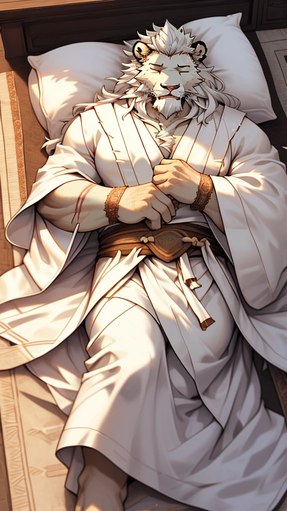(masterpiece),(highres),(intricate details:1.4),extremely detailed,(illustration:1.2),8k,photorealistic,exquisite,(two persons), (Bold perspective),aged,elder male lion ,muscular, (Ancient Greek mythological style;1.8)(white robe:1.6),manhood,safeguard,(white hair:1.3),long hair,long white beard,scar,(badly damaged),(sacrifice),hurt,broken body ,(lying on the ground),(sleeping:1.6),bulging crotch:1.8),(homosexual)