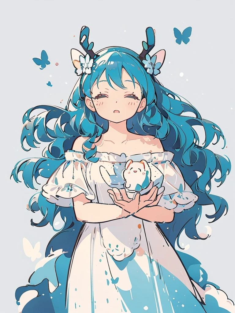 bust-up, 1girl, long wavy tosca blue hair, deer ears, white deer antlers, butterfly hair ornament, blue flower, elegant white off shoulder dress, teaseful expression, splash background, solo, sketch, portrait, simple background